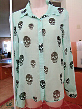 About A Girl SKULL Blouse Mint Green Long Sleeve Sheer Poly Size XS - $11.95