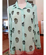 About A Girl SKULL Blouse Mint Green Long Sleeve Sheer Poly Size XS - £9.41 GBP