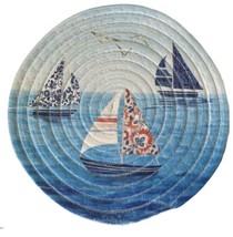 Sailboat Braided 9&quot; Round Trivet Hot Pad Chenille Heat Resistant Beach H... - £16.94 GBP