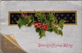 C1910 Christmas Postcard holly siver Embossed c1910 Postcard a1 winch back - £17.01 GBP