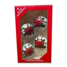 4 Holiday Time Glass Indent Christmas Ornaments Pointsettia Blown Glass ... - $18.00