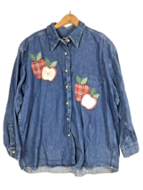 Denim Shirt Size 3X Womens Button Down Apple Applique Grandma Core Vintage - £21.82 GBP