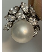 Vintage Large 10-11mm White Pearl with 9 Cubic Zirconia hallmark .925 Ea... - $158.39