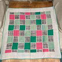 Vintage 50s 60s Pink Green Colored Square Cross Hatch Handkerchief Hankie - £15.12 GBP