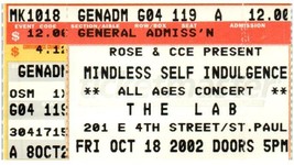 Mindless Self Indulgence Ticket Stub October 18 2002 St. Paul Minnesota - £19.32 GBP