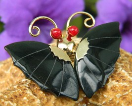 Vintage black onyx butterfly sculpted brooch pin pendant coral eyes thumb200