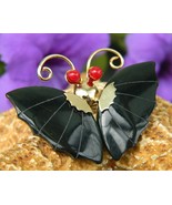 Vintage Figural Black Butterfly Sculpted Pin Brooch Pendant Coral Eyes - $19.95