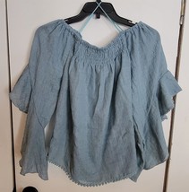 Womens S Regenbogen Blue Shirred Collar On/Off Shoulder Shirt Top Blouse - $18.81