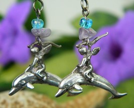 Angel Cherub Riding Dolphin Sterling Silver Earrings Signed Pierced - $24.95