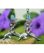 Angel Cherub Riding Dolphin Sterling Silver Earrings Signed Pierced - $24.95