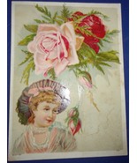 Victorian Litho Young Girl &amp; Rose Late 1800s - $8.19 CAD