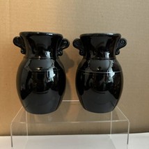 Pair L E Smith Glass Double Eared 6&quot; Jug Vase Black Amethyst Silver Rings - $25.95