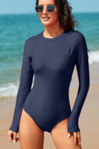 Round Neck Long Sleeve One-Piece Swimwear, Dark Blue - $35.00