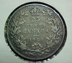 Canada Twenty Five Cents 1913 F,uncertified,circulated - $10.04