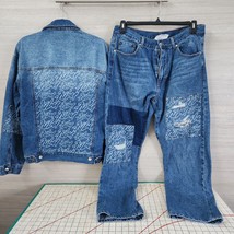 FUBU Print Hip Hop Patch Jacket &amp; Jeans Blue Denim Forever 21 Vintage Mens 36 - £97.47 GBP