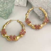 Pink Gold Rhinestone Crystal Butterfly Bamboo Fashion Jewelry Hoop Earrings - £18.00 GBP