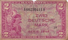 1948 ZWEI 2 DEUTSCHE MARK WEST GERMANY FEDERAL REPUBLIC U.S. ARMY COMMAND - £49.33 GBP