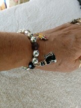 Women&#39;s Bracelet Black/ Clear/Silver Beads With Cat Charms One of a Kind 10mm - £17.40 GBP