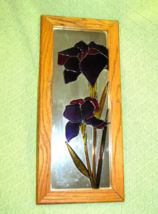 VINTAGE STAINED GLASS MIRROR WITH WOOD FRAME PURPLE IRIS ART GLASS DECOR... - $80.10