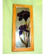 VINTAGE STAINED GLASS MIRROR WITH WOOD FRAME PURPLE IRIS ART GLASS DECOR... - £59.83 GBP