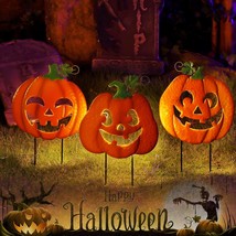 3 Pack Halloween Lighted Pumpkin Garden Stakes, Metal Jack-O-Lantern Light Up Ou - £43.49 GBP