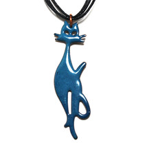 Hand-Crafted Fair Trade Blue Enamel on Copper Cat Pendant Necklace Jewelry - £11.93 GBP