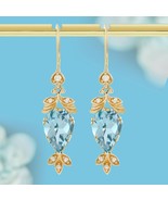 9K Yellow Gold Natural Blue Topaz and Pearl Vintage Style Drop Earrings - $650.00