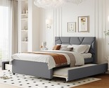 Full Platform Bed With Brick Pattern Headboard, Linen Fabric Upholstered... - £408.48 GBP