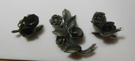 Vintage Silver-tone Rose &amp; Rhinestone Brooch &amp; Matching Clip-on Earrings - $24.99