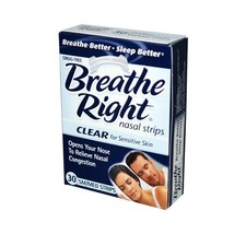 An item in the Health & Beauty category: Breathe Right Nasal Strips Clear S / M Sensitive Skin-30 Strips.( Pack of 4 )