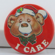 Vintage Christmas Pin - I Care Teddy Bear Graphic - Celluloid Pin  - $15.00