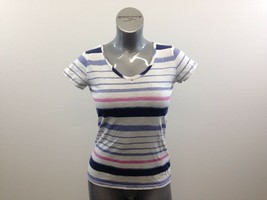 Denver   Woman&#39;s Extra Small Cotton White/Blue/Pink Striped Short Sleeve T Shirt - £6.93 GBP