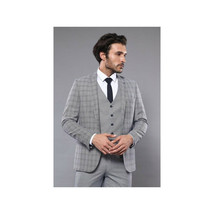 Men 3pc European Vested Suit WESSI by J.VALINTIN Slim Fit JV40 Gray Blue Plaid image 3