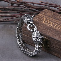 Viking Bracelet Odin Fenrir Wolf Heads Stainless Steel Mesh Chain Biker Spring  - £22.02 GBP