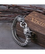 Viking Bracelet Odin Fenrir Wolf Heads Stainless Steel Mesh Chain Biker Spring  - $27.99