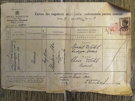 Vecchio documento Romania estratto dal certificato di nascita ebraico 1945 - $25.24