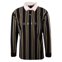 OBEY Men&#39;s Black Olive Green Stripe Button L/S Polo Shirt (S03A) - £12.75 GBP