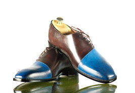 Handmade Men&#39;s Blue Brown Leather Side Lace Up Shoes, Men Dress Formal Shoes - £117.72 GBP