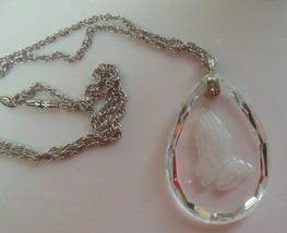 Vintage Signed Hallmark Cards Praying Hand Oval Crystal Glass Pendant Ne... - $22.52