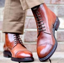 New Pure Handmade Brown Leather Lace up Ankle Boots for Men&#39;s - £141.89 GBP