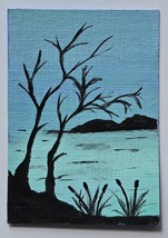 ACEO Original Art Winter Tree Silhouette Acrylic Painting on Watercolor ... - $7.02 CAD