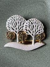 Vintage AJC Signed Sparkly White Enamel Snowy &amp; Goldtone Trees Pin Brooc... - £11.71 GBP