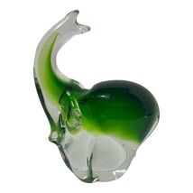 VINTAGE GREEN CLEAR GLASS ELEPHANT FIGURINE PAPERWEIGHT TRUNK UP ART GLASS - $16.10