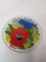 Peggy Karr Signed Fused Glass Plate Bowl Poppies Floral Spring Butterfly 8.25&quot; W - £22.41 GBP