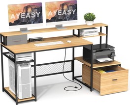 Home Office Desks With Drawers, 66&#39;&#39; Computer Desk With Storage, Office, Natural - £94.90 GBP