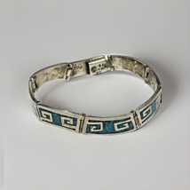 Taxco Mexico Sterling Turquoise Inlay Bracelet TS-79 Aztec Mayan Design 7&quot; - £41.75 GBP