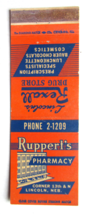 Ruppert&#39;s Pharmacy - Lincoln, Nebraska Rexall Drug Store 20FS Matchbook Cover NE - £1.38 GBP