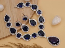 Bollywood Style Silver Plated Blue Sapphire Delicate Choker Necklace Jewelry Set - £68.32 GBP