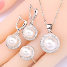 Round Natural White  Jewelry Sets For Women 925 Silver Earrings Rings Necklace P - $29.38