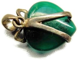 Green Heart Wraped In 925 Tied Bow Pendant Charm Patina Vintage Sterling Silver - £31.14 GBP